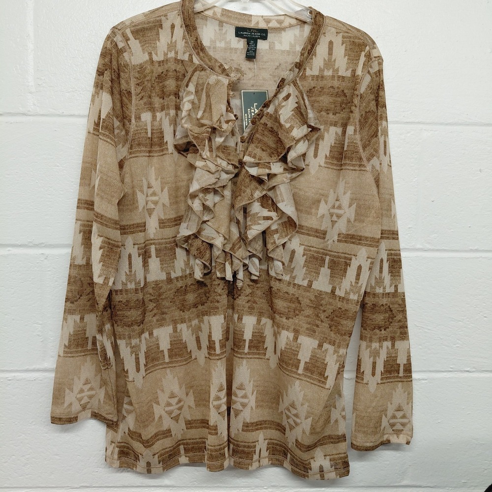 LRL Lauren Ralph Lauren Aztec Blouse 2X Ruffle Lace Mesh Nylon Western Fairy NEW
